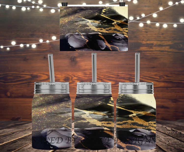 Black and Gold alcohol ink mason jar
