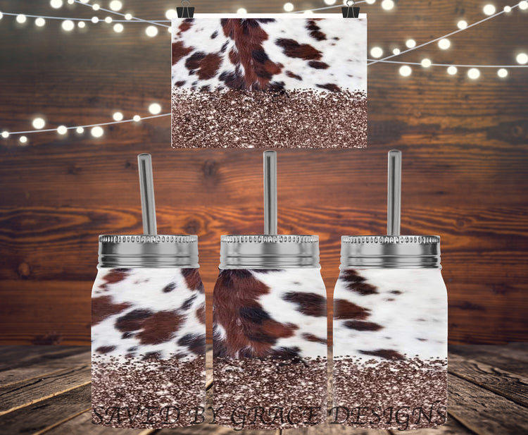 cow print w/ glitter mason jar