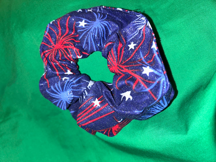 Red, white, and blue fireworks scrunchies