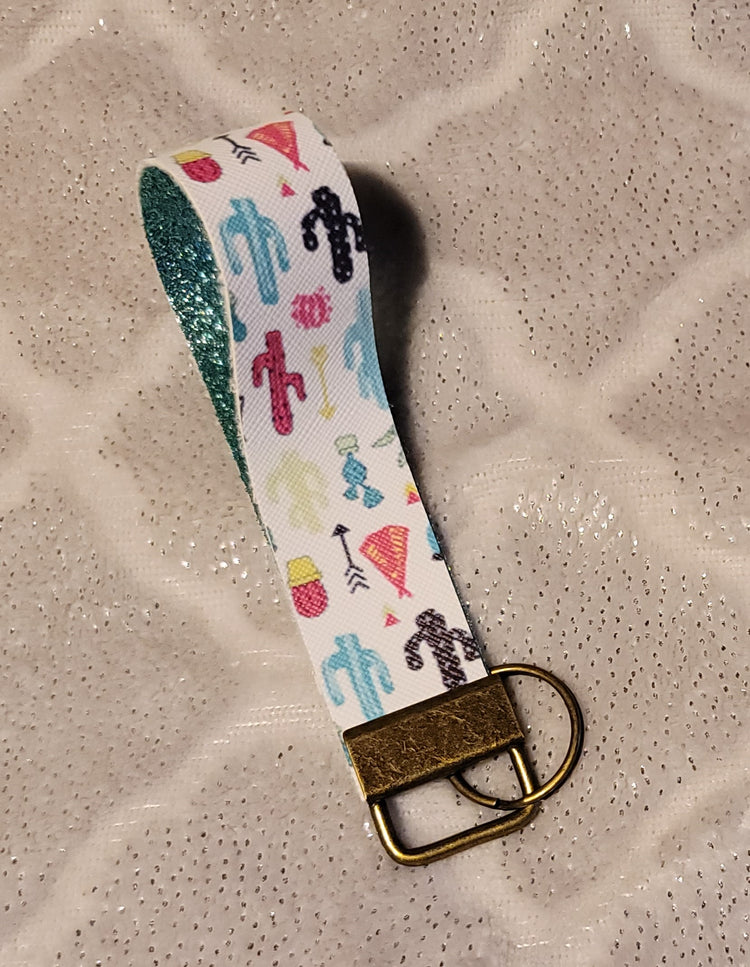 Colorful Cactus Faux Leather Keychain with Blue Glitter Vinyl Inside.