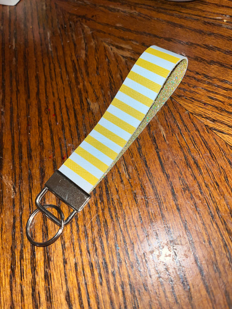 Yellow striped faux leather keychain with gold glitter vinyl