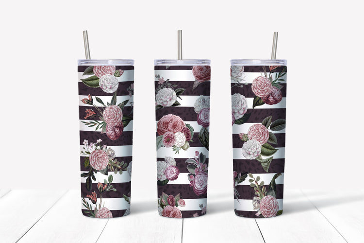Pink flowers and stripes sublimation tumbler