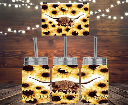 highland cow w/ sunflowers mason jar
