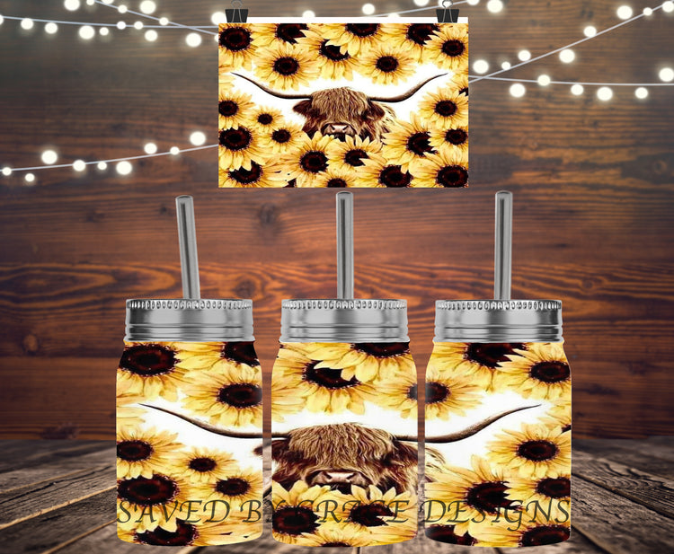 highland cow w/ sunflowers mason jar