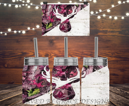 Pink camo deer head mason jar