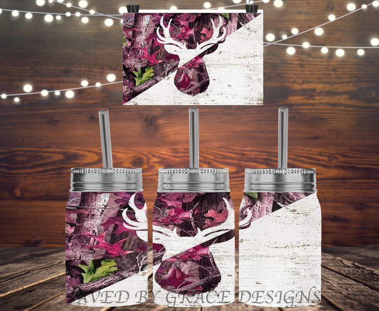 Pink camo deer head mason jar