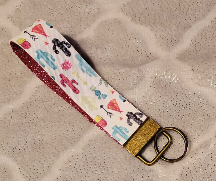 Colorful Cactus Faux Leather key chain with pink glitter vinyl inside.