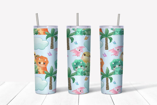 palm tree/dinosaur sublimation tumbler.
