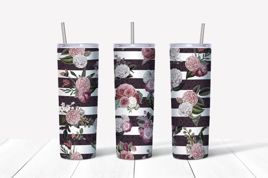 Pink flowers and stripes sublimation tumbler